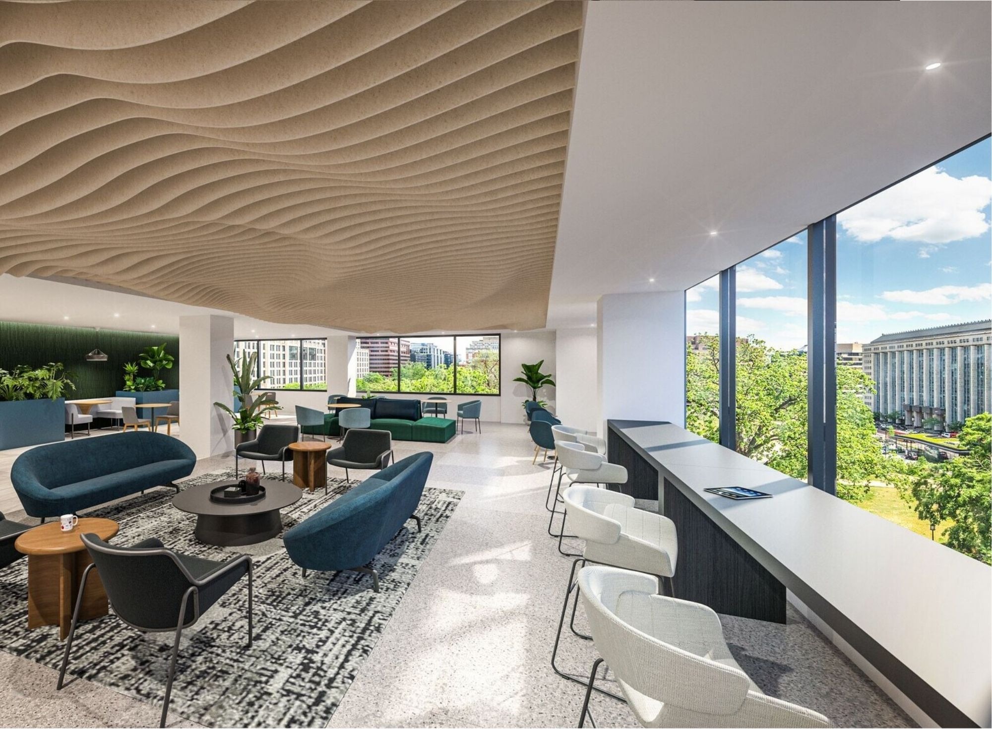 Upscale event lounge with sculptural ceiling and park views