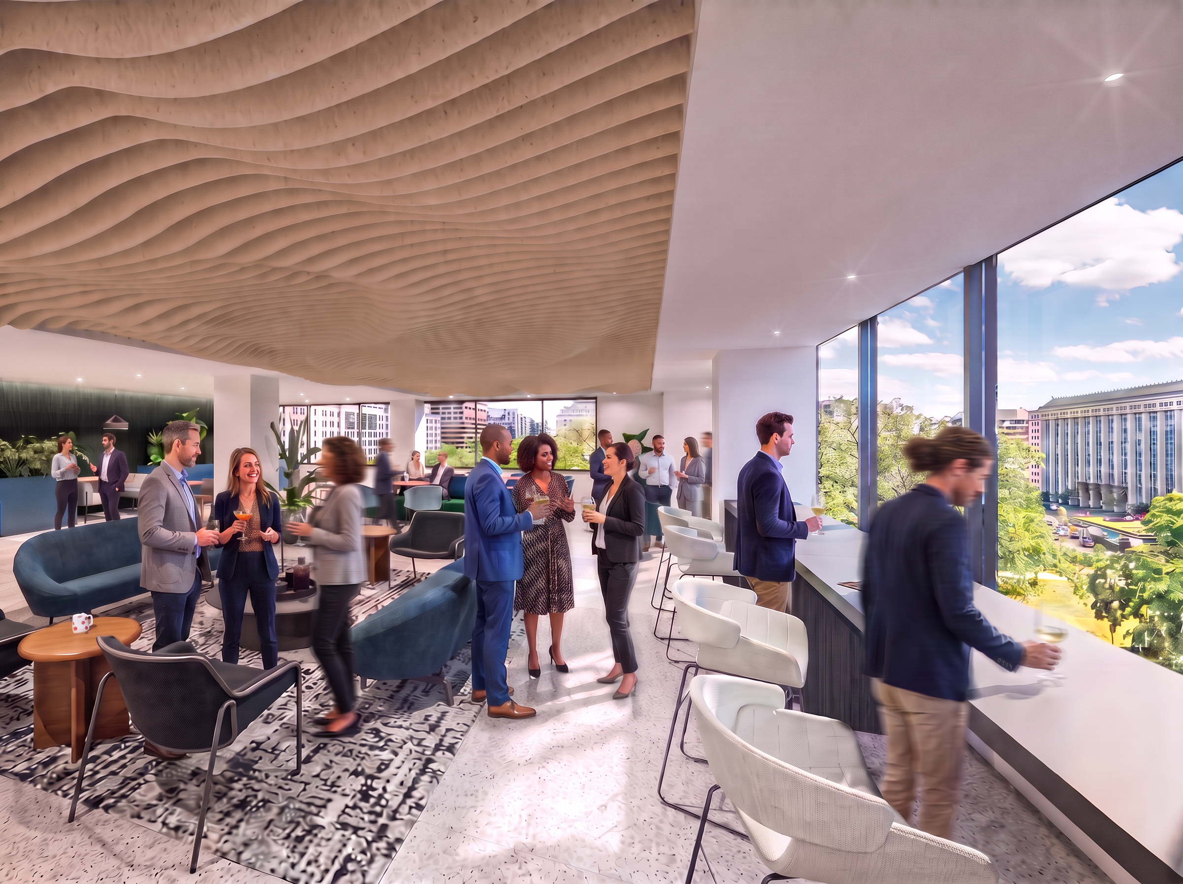 Elevated lounge with a sculptural acoustic ceiling, city park views, and modern seating