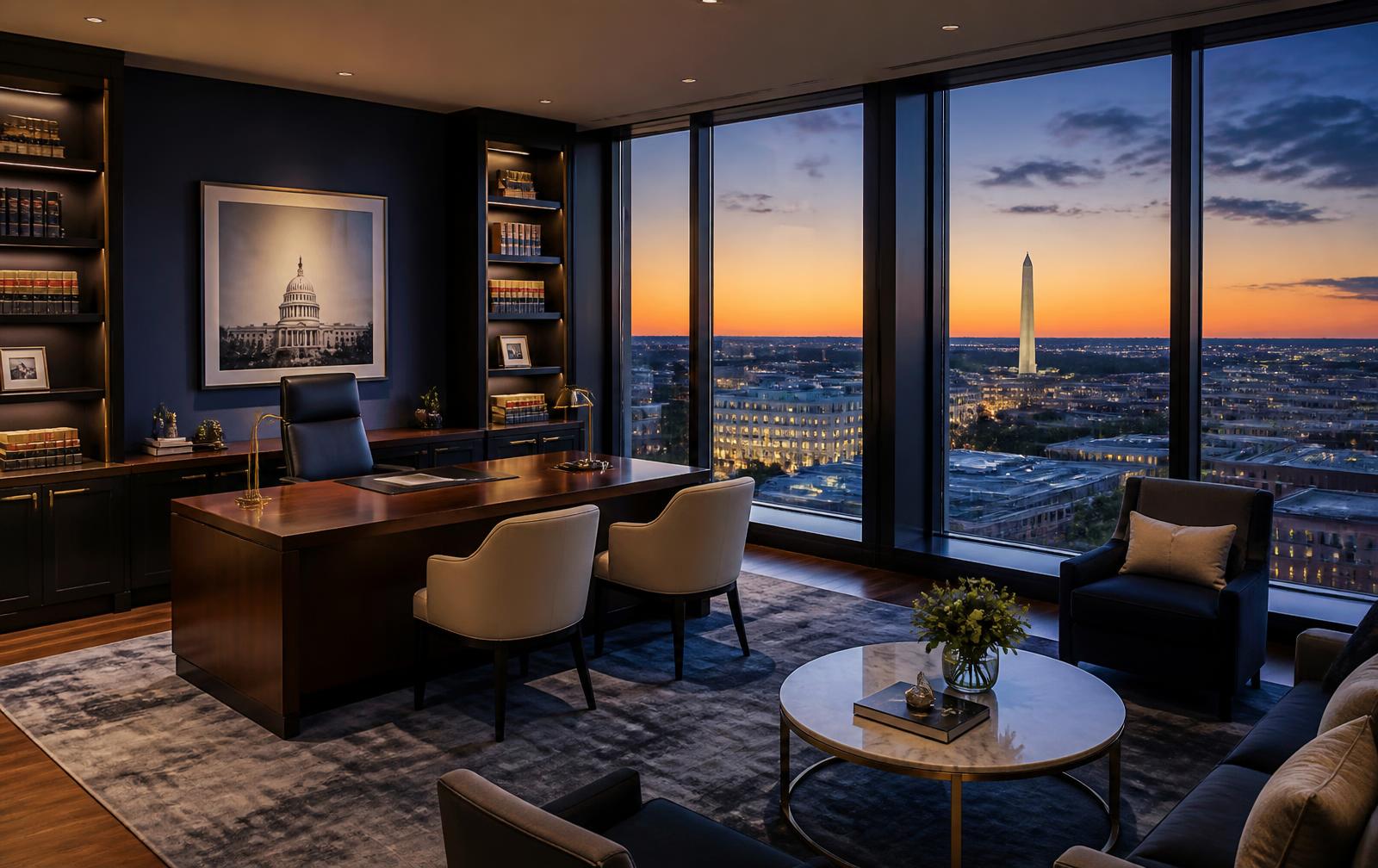 Executive suite in downtown Washington, D.C. at dusk with skyline and Washington Monument views