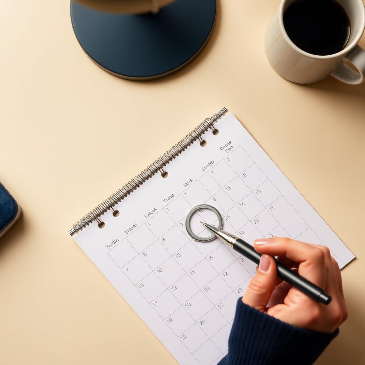 A hand circling a date on a calendar beside a coffee cup