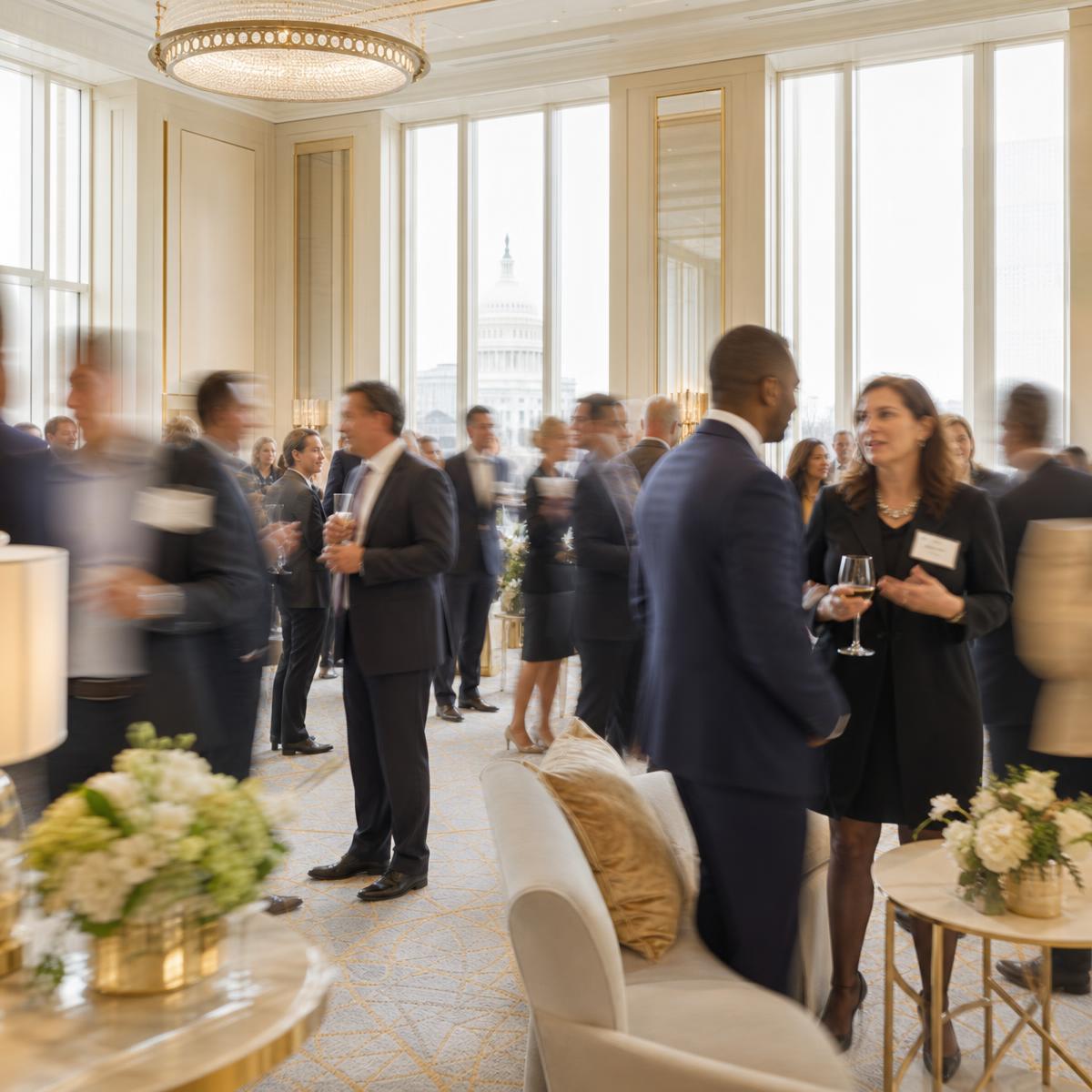 Professionals mingling at an upscale corporate reception, captured with soft motion blur