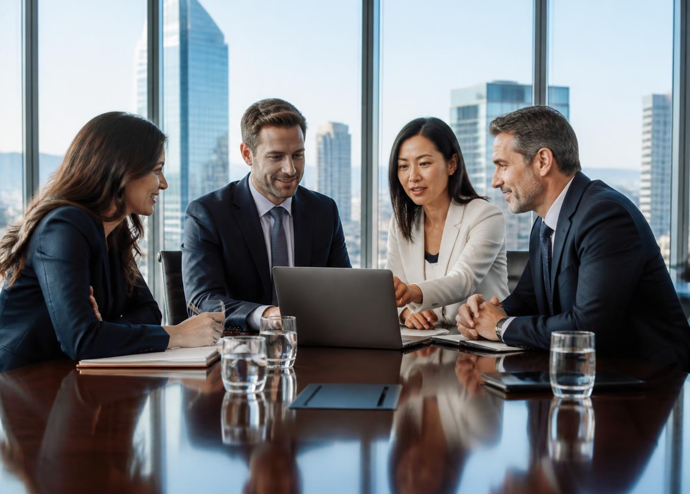Four professionals reviewing a laptop together at a conference table with city views