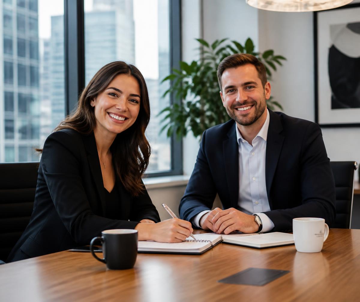 Two professionals talking across a wood table in a bright office with city views