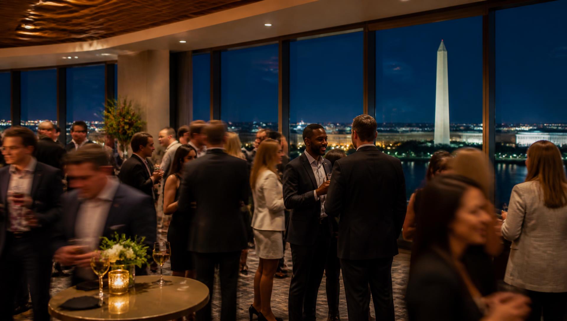 Professionals at an evening reception in a Washington, D.C. event space with the Washington Monument in view